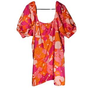 Free Assembly Womens XL Pink Orange Floral Puff Sleeve Mini Dress Mod Retro 70's